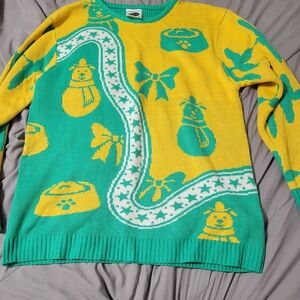 Mens Large Cesar Dog Food Lovers Ugly Christmas Sweater  Green Yellow Snowman